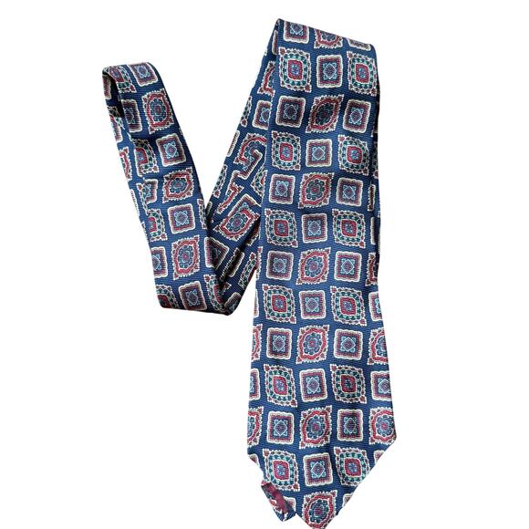 Polo Ralph Lauren Silk Tie Vintage Geometric Navy Maroon Tan USA Hand Made - Picture 2 of 3